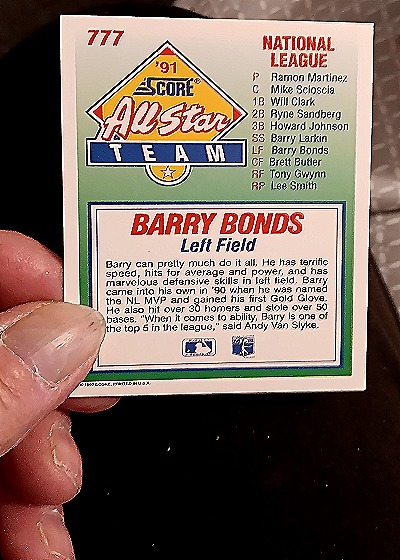 1991 Score #777 Barry Bonds — back