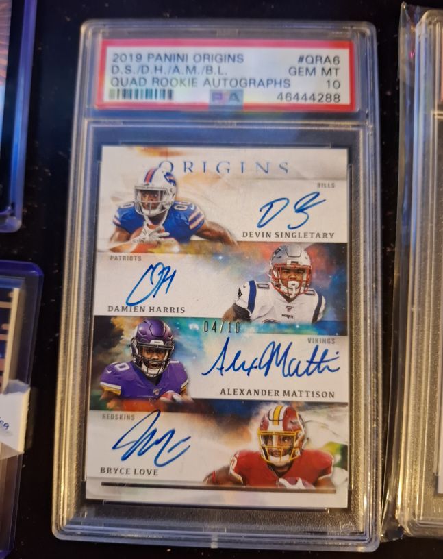 2019 Panini Origins #QRA6 Devin Singletary/Damien Harris/Alexander Mattison/Bryce Love Quad Rookie Autographs — front