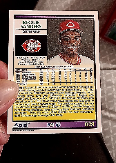 1992 Score #829 Reggie Sanders — back