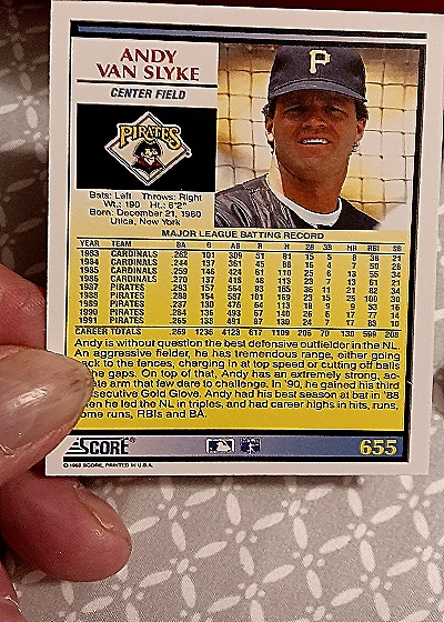 1992 Score #655 Andy Van Slyke — back