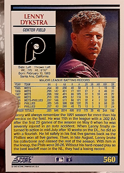 1992 Score #560 Lenny Dykstra — back