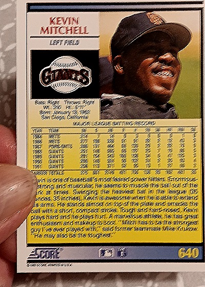 1992 Score #640 Kevin Mitchell — back