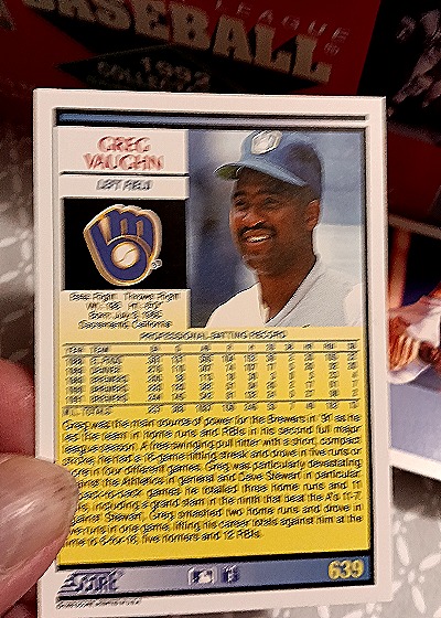 1992 Score #639 Greg Vaughn — back