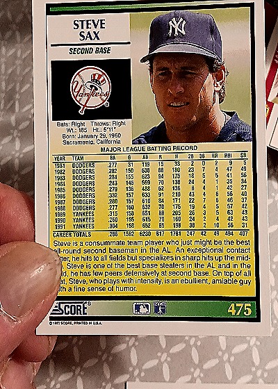 1992 Score #475 Steve Sax — back