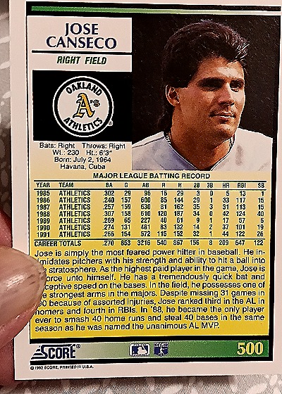 1992 Score #500 Jose Canseco — back