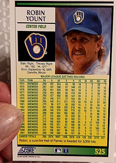 1992 Score #525 Robin Yount — back