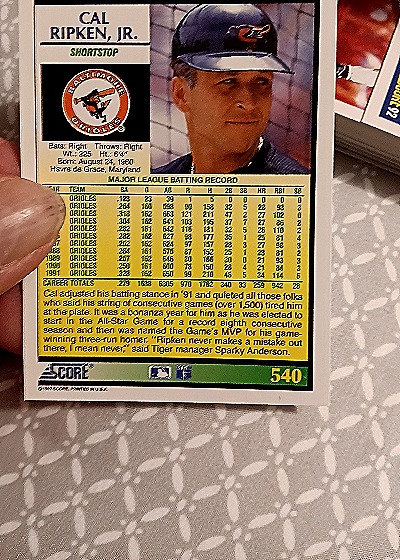 1992 Score #540 Cal Ripken Jr. — back