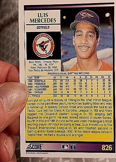 1992 Score #826 Luis Mercedes — back
