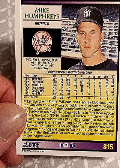 1992 Score #815 Mike Humphreys — back