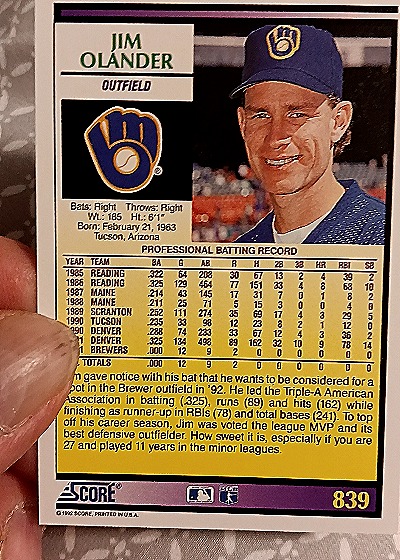 1992 Score #839 Jim Olander — back