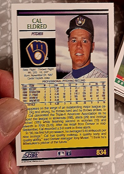 1992 Score #834 Cal Eldred — back