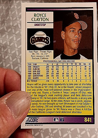 1992 Score #841 Royce Clayton — back