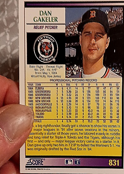 1992 Score #831 Dan Gakeler — back