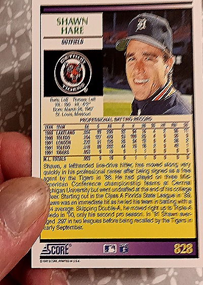 1992 Score #828 Shawn Hare — back