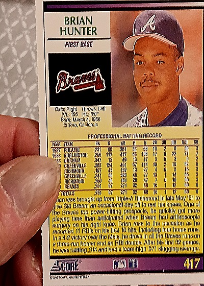 1992 Score #417 Brian Hunter — back