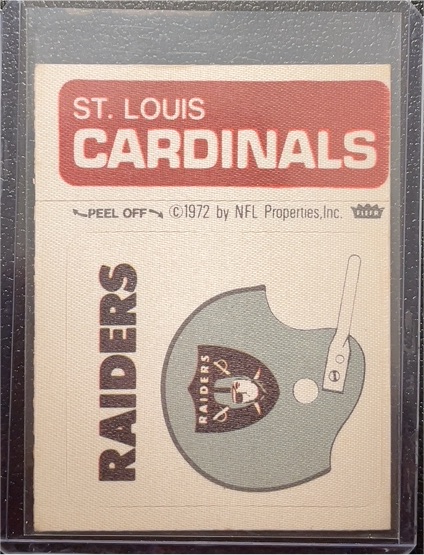 1972 Fleer NFL Football Cloth Patch Sticker # Raiders Helmet / Cardinals Banner — front