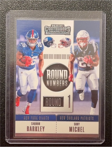 2018 Panini Contenders Round Numbers #RNA-BM Saquon Barkley / Sony Michel — front