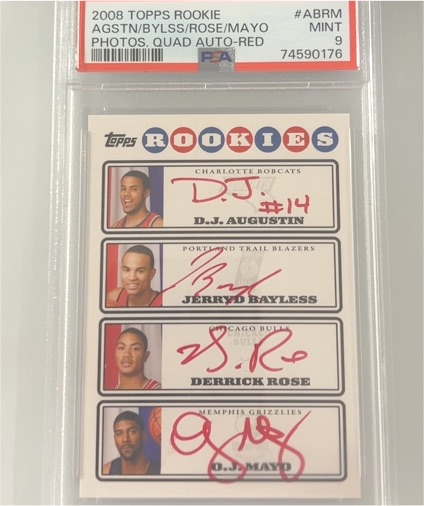 2008 Topps Rookie Photo Shoot Quad Auto Red #ABRM Derrick Rose / O.J. Mayo / Jerry Bayless / D.J. Augustin — front