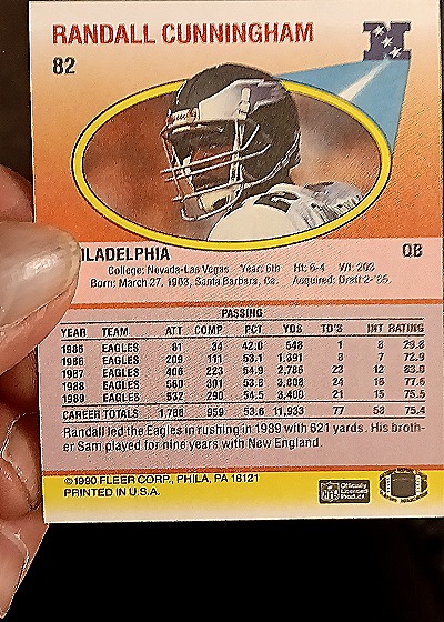 1990 Fleer #82 Randall Cunningham — back