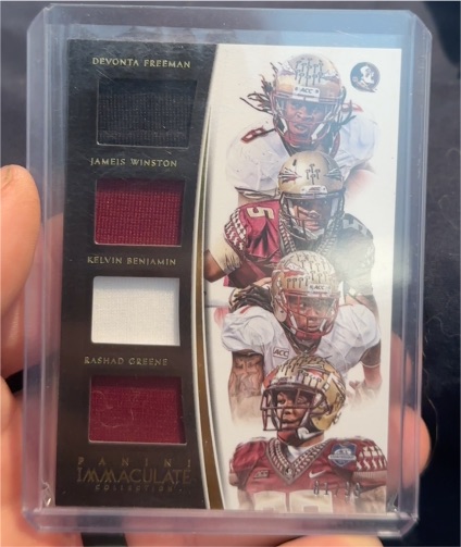 2015 Panini Immaculate Quad Patch Jameis Winston Devonta Freeman Kelvin Benjamin Rashad Greene — front