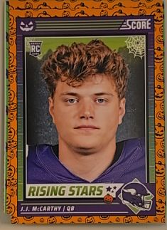 2024 Panini Score-A-Treat #19 J.J. McCarthy Rising Stars Orange Pumpkin Rookie — front