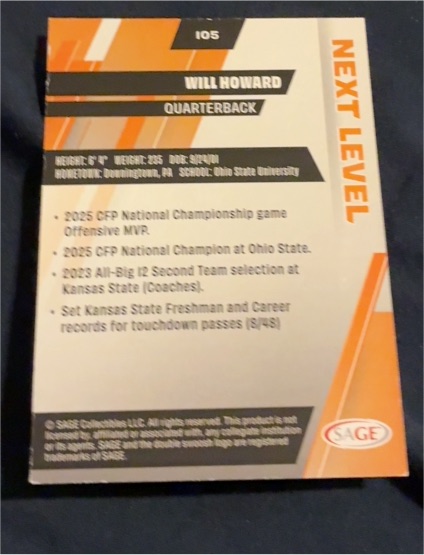 2025 SAGE Next Level #105 Will Howard — front