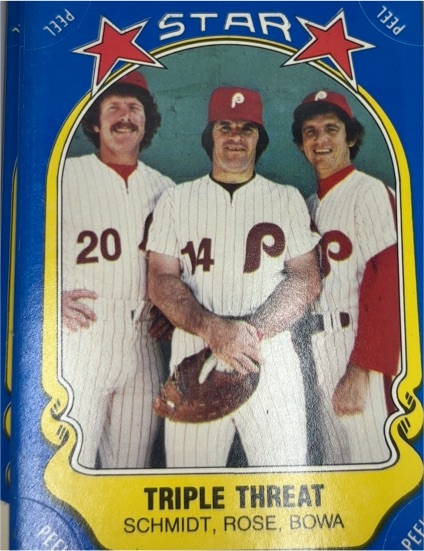1981 Fleer Star Stickers #43 Mike Schmidt, Pete Rose, Bowa — front