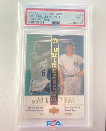 2002 Upper Deck UD Superstars #B4 Bill Russell / Mickey Mantle Benchmarks — front