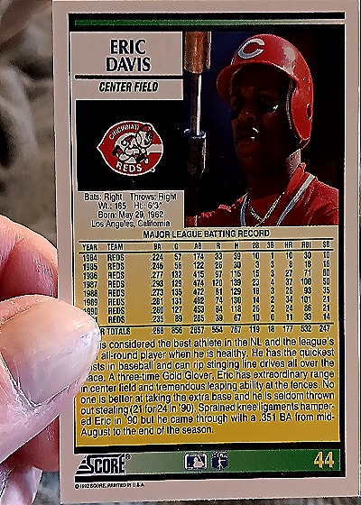 1992 Score #44 Eric Davis — back