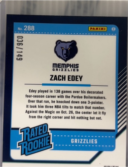 2024-25 Panini Donruss Optic #288 Zach Edey Rookie RC — front