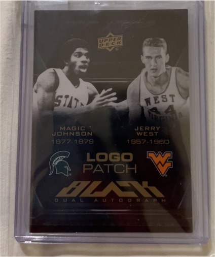 2013 Upper Deck Black Logo Patch Dual Autograph Magic Johnson Jerry West — front