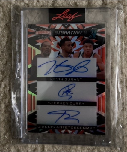 2023 Leaf Vibrance Signatures #VS3-9 Kevin Durant / Stephen Curry / Giannis Antetokounmpo — front