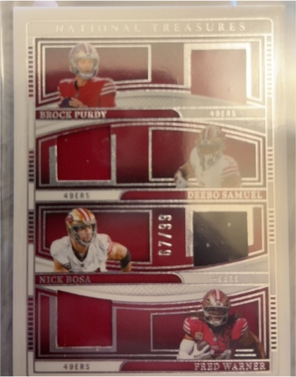 2024 Panini National Treasures NFL Gear Quad Patch #67/99 Brock Purdy Deebo Samuel Nick Bosa Fred Warner — front