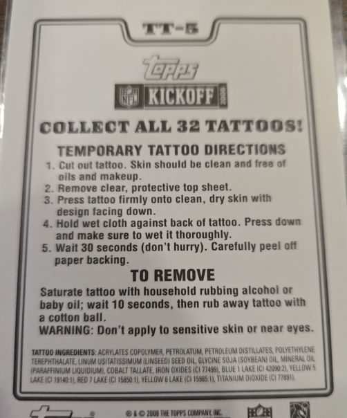 2008 Topps NFL Kickoff Temporary Tattoo #TT-5 — front
