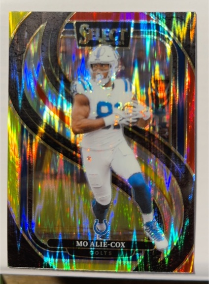2024 Panini Select Premier Level #184 Mo Alie-Cox Red & Blue Shock Prizm — front