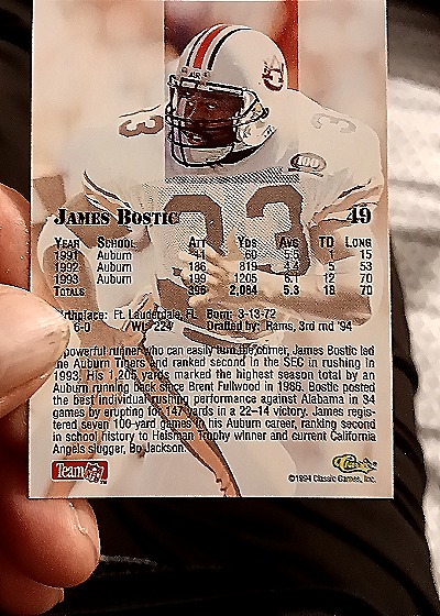 1994 Classic NFL Draft #49 James Bostic — back