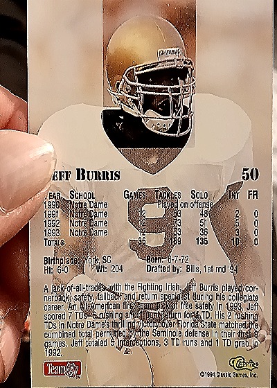1994 Classic NFL Draft #50 Jeff Burris — back