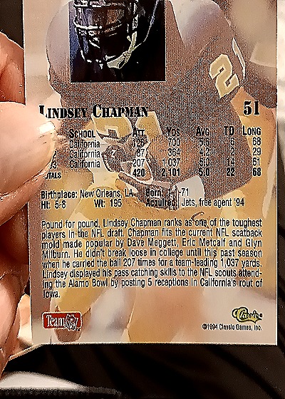 1994 Classic NFL Draft #51 Lindsey Chapman — back
