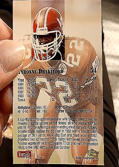 1994 Classic NFL Draft #54 Tyronne Drakeford — back