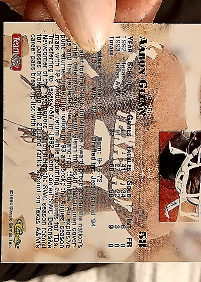 1994 Classic NFL Draft #31 Anton Glenn — back