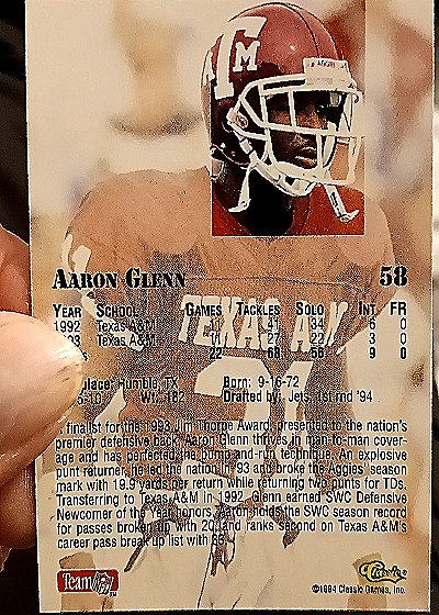 1994 Classic NFL Draft #58 Aaron Glenn — back