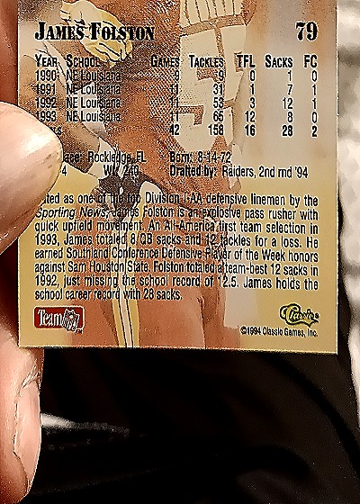 1994 Classic NFL Draft #79 James Folston — back