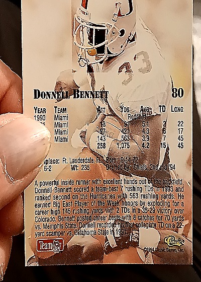 1994 Classic NFL Draft #80 Donnell Bennett — back