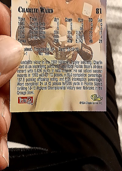 1994 Classic NFL Draft #81 Charlie Ward — back