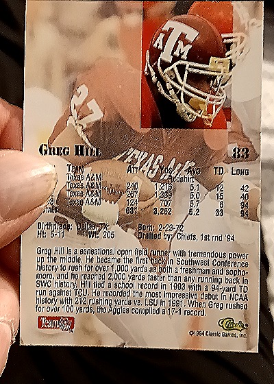 1994 Classic NFL Draft #83 Greg Hill — back