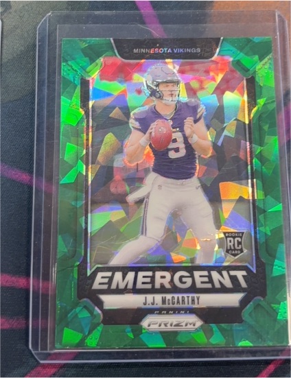 2024 Panini Prizm #19 J.J. McCarthy Emergent Green Ice Prizm Rookie Card — front