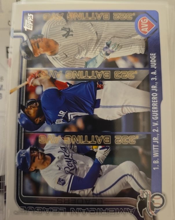 2025 Topps #345 American League Leaders AVG Bobby Witt Jr. / Vladimir Guerrero Jr. / Aaron Judge — front