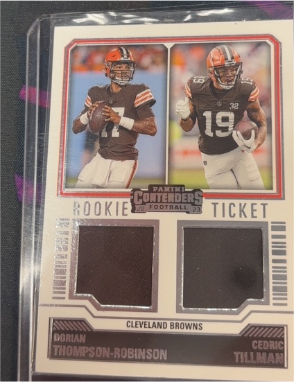 2023 Panini Contenders Rookie Ticket Dual Swatches #DS-7 Dorian Thompson-Robinson / Cedric Tillman — front