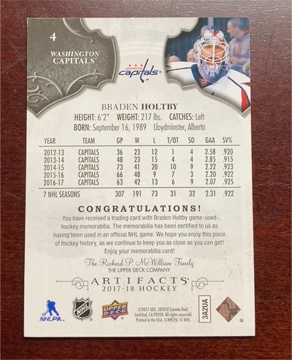 2017-18 Upper Deck Artifacts #32AULA Braden Holtby — front