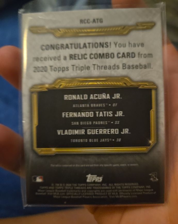 2020 Topps Triple Threads Relic Combo Card Ronald Acuña Jr. / Fernando Tatis Jr. / Vladimir Guerrero Jr. — front